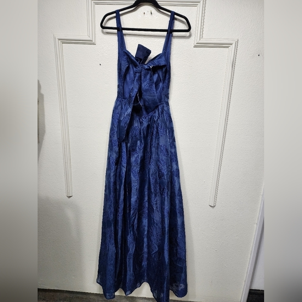 Lulus Perfected Aura Navy Jacquard Tie-Back Maxi Dress with Pockets Wedding Prom - Picture 9 of 11